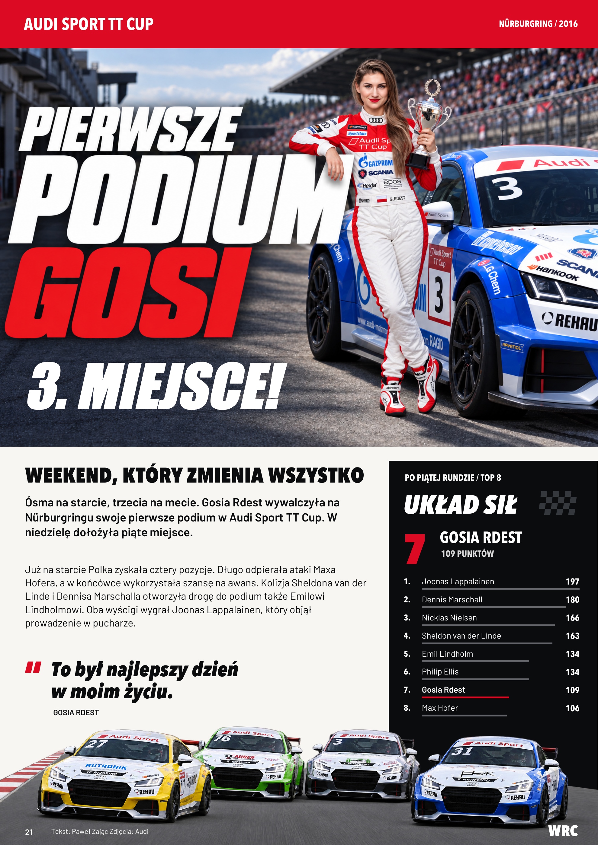 WRC editorial layout about Gosia Rdest’s first Audi TT Cup podium