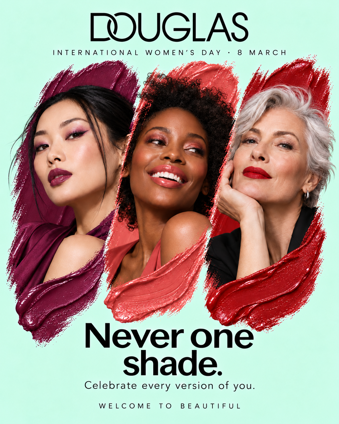 Douglas International Women’s Day creative with three portraits framed by lipstick strokes