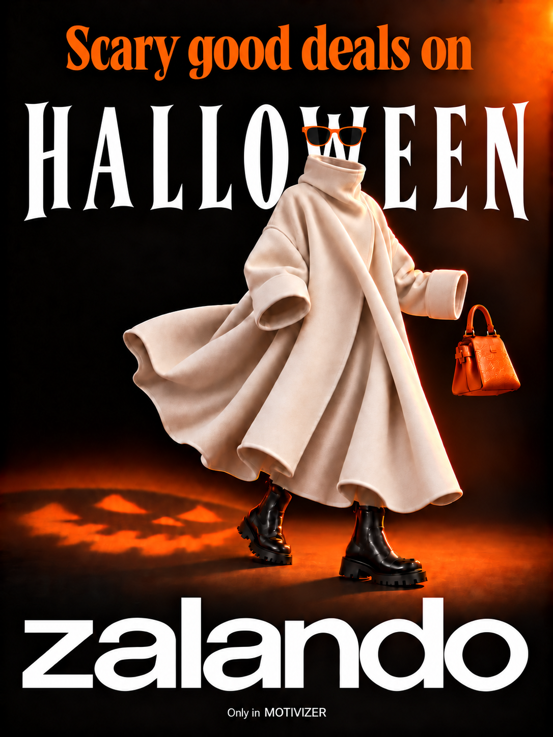 Zalando Halloween graphic with a floating outfit and orange accessories